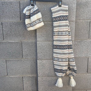 ARIS One Size White Gray Fair Isle Knit Scarf & Beanie winter scarf Hat